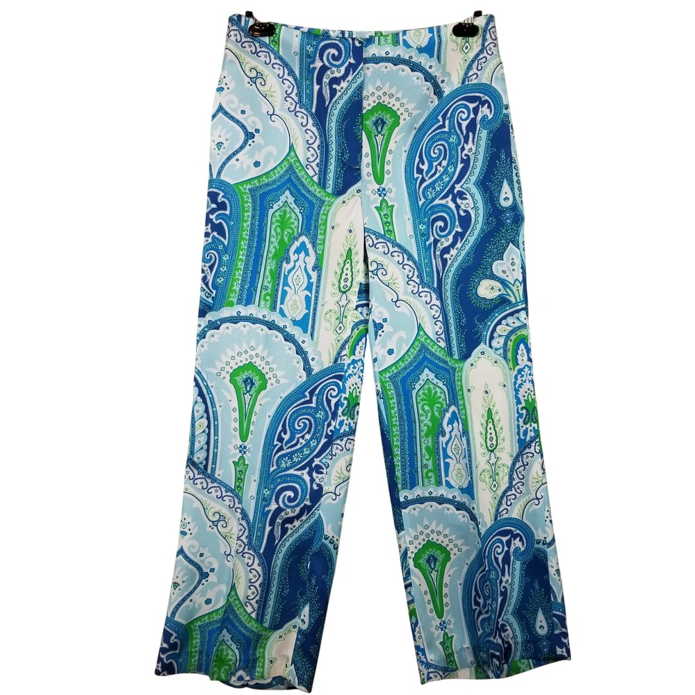 J. McLaughlin Women 100% Silk Paisley Print Straight Leg Pants Blue Green Size 6